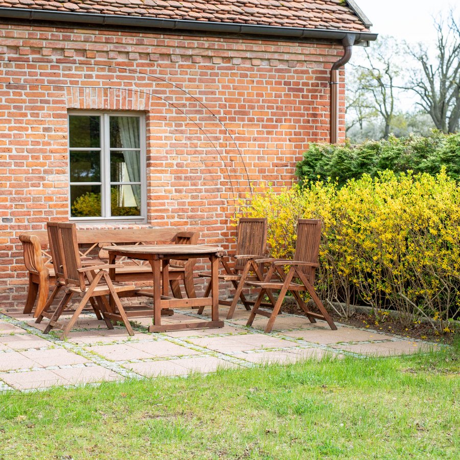 Terasse einer Ferienwohnung auf dem Gut Ulrichshusen Terasse einer Ferienwohnung auf dem Gut Ulrichshusen in Mecklenburg Vorpommern
